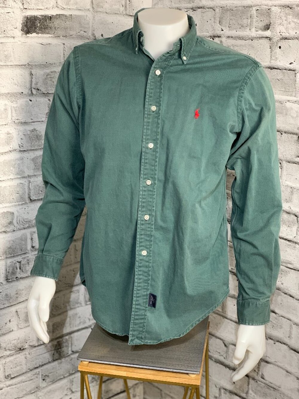Vintage Polo Ralph Lauren Shirt Men M Green 100% Cotton Red Pony 90s Button Down